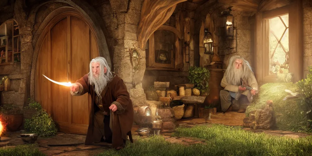 Image similar to a hobbit in his home at the shire with gandalf casting spells fantasy hi quality 4 k render,