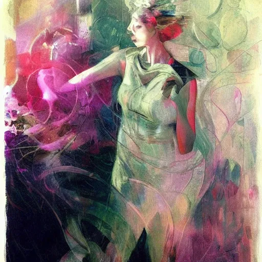 Prompt: A conceptual art. A rip in spacetime. Did this device in her hand open a portal to another dimension or reality?! misty rose by Leon Kossoff, by Anders Zorn, by Android Jones lush