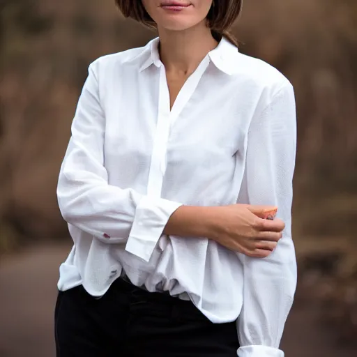 Prompt: photo of a woman wearing a white < blouse >