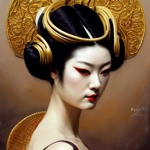 Image similar to highly detailed oil painting | very intricate | cinematic lighting | award - winning | portrait of geisha dressed by alexander mcqueen | by roberto ferri, by tom bagshaw, by j. c. leyendecker and klimt, american romanticism, by austin osman spare, artstation, cgsociety, official art, octane