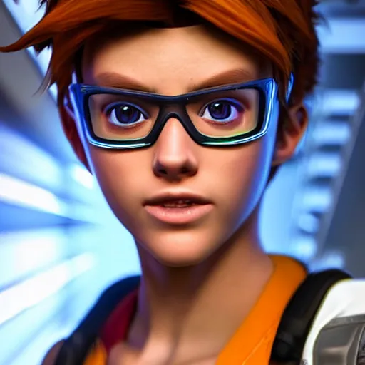 Prompt: stunning award winning hyperrealistic hdr 8 k highly detailed photo of tracer as a real human