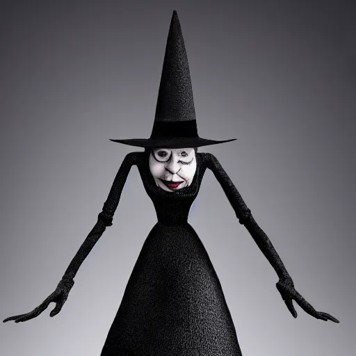 Prompt: a Tim Burton style claymation figurine of “Wicked Witch of the West” in “The Wizard of Oz”, angular skinny body with black dress and pointed black hat, background of stone castle interior with large hourglass, witch is looking into a crystal ball, 4K, UHD, detailed render, Dramatic lighting, short depth of field