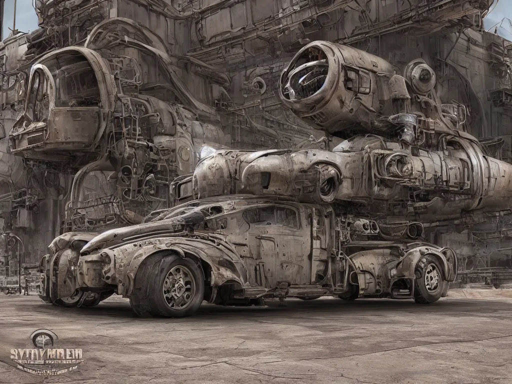 Prompt: in the American southwest, professional publicity photo of a clunky futuristic industrial vehicle with greebles, chipped paint weathered with rust and symmetrical tyres; photorealistic portrait Lomography by Syd Mead; hyper realistic octane render, 8k post processing is very detailed, moody lighting, Maya+V-Ray +metal art+ extremely detailed, beautiful, unreal engine, ambient occlusion, subsurface scatter, metallic surfaces, radiosity, trending on Artstation