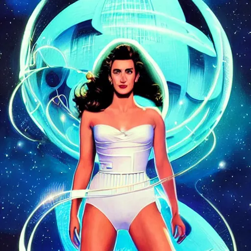 Image similar to Jennifer connelly as a stunning , beautiful retro SCI-FI space heroine 1985 , star ship taking off in the background , movie poster, intricate, elegant, highly detailed, centered, digital painting, trending on artstation, concept art, smooth, sharp focus, illustration, art by illustration, Unreal Engine 5, 8K, art by artgerm and greg rutkowski and alphonse mucha WLOP