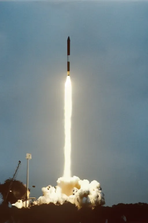 Prompt: photograph of a 1 9 9 0 s era rocket launching and leaving huge plumes of smoke, large crowds of people watching in astonishment, cinematic, night, rain