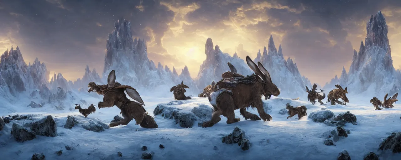 Image similar to oversized rabbits wearing elaborate armor fighting in snow mountain landscape, beautiful dynamic lighting, cinematic, wide angle establishing shot, extremely high detail, photo realistic, cinematic lighting, post processed, concept art, artstation, matte painting, style by frederic church, raphael lacoste, unreal engine 8k