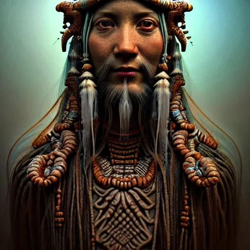 Image similar to a beautiful surreal illustration of an prehistoric ancient shaman, highly detailed, liquid oilpaint, doug chiang, gustave dore, leonardo da vinci, trending on artstation, industry, lucid and intricate, rectilinear, digital art, octane, redshift, vray, 8 k, 6 4 megapixels, zbrush central, behance hd, hypermaximalist, well rendered