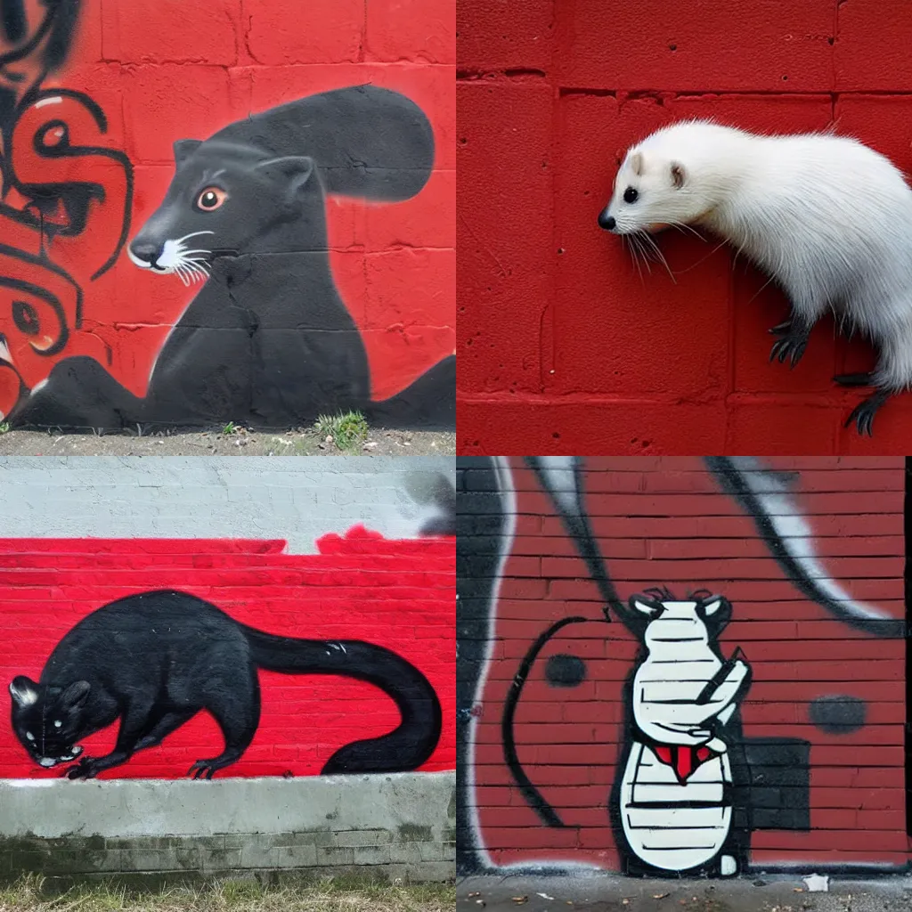 Prompt: ( ( ( red + black + fursona ) / ( weasel * ferret * stoat ) ) + ( smoke / backing ) ) = ( wall + graffiti )