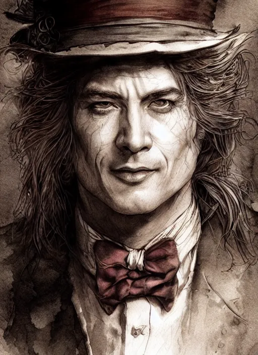 Image similar to portrait, The Mad Hatter, watercolor, dramatic lighting, cinematic, establishing shot, extremly high detail, foto realistic, cinematic lighting, pen and ink, intricate line drawings, by Yoshitaka Amano, Ruan Jia, Kentaro Miura, Artgerm, post processed, concept art, artstation, matte painting, style by eddie mendoza, raphael lacoste, alex ross