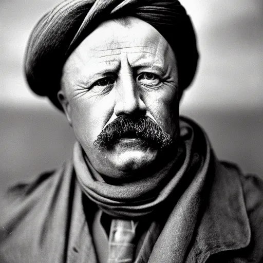 Image similar to portrait of president teddy roosevelt as afghan man, green eyes and red scarf looking intently, photograph by steve mccurry