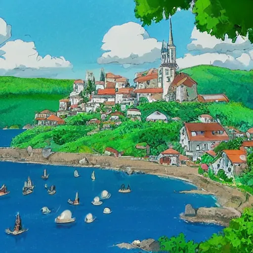 Prompt: beautiful landscape scene, studio ghibli, a wonderful alpine town with an ocean view, churces, medieval architecture