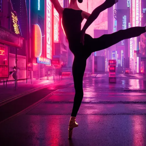 Image similar to professional photo of ballerina on cyberpunk street, synthwave, blade runner 2 0 4 9, hyperrealistic masterpiece, trending on artstation, cgsociety, kodakchrome, golden ratio, cinematic, composition, beautiful lighting, hyper detailed, sharp focus, octane render, 4 k, unreal engine