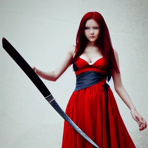 Prompt: dslr photo of beautiful erza scarlet wearing a elegant dress, standing holding a katana that is very detailed, portrait photo, real photo, real camera, extreme detailed face and body, high quality, moody lighting, fast paced lines, sharp quality, enchanting lighting, 8 k