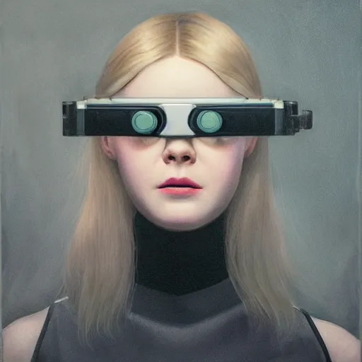 Image similar to Elle Fanning wearing a night vision goggles in the style of Paola Vetri, head and shoulders portrait, stormy weather, extremely detailed masterpiece, oil on canvas, low-key neon lighting, artstation, Blade Runner 2049, Roger Deakin’s cinematography, by J. C. Leyendecker and Peter Paul Rubens and Edward Hopper and Michael Sowa,