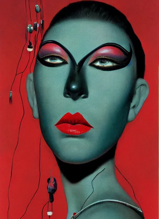 Image similar to an 8 0 s portrait of a woman with dark eye - shadow and red lips with dark slicked back hair, a mask made of wire and beads, dreaming acid - fueled hallucinations by serge lutens, rolf armstrong, delphin enjolras, peter elson, red cloth background