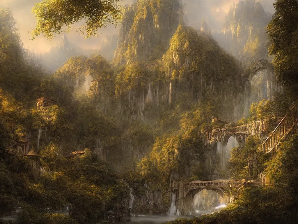 Image similar to Rivendell in the evening, detailed matte painting, cinematic, Alan Lee, Artstation