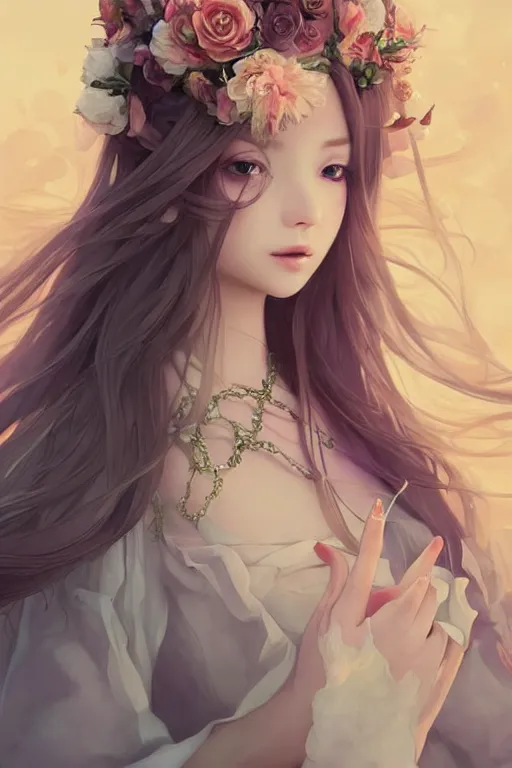 Image similar to romantic and fashion and love princess of the flower with sheath dress, 8 k realistic, teenager girl, baroque, symmetrical, flowing hair, smile, trending pinterest and pixiv, muted colors, hyperrealistic, l close up shot, character concept art, face by kyoung hwan kim, alexandra fomina, ilya kuvshinov