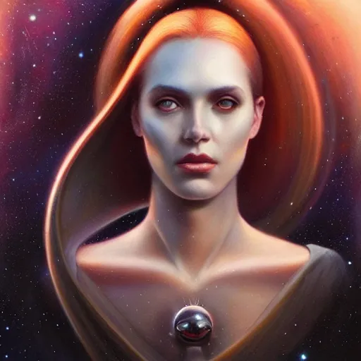 Prompt: a beautiful portrait of a galaxy goddess by Jim Burns and Tom Bagshaw, Trending on Artstation, universe background