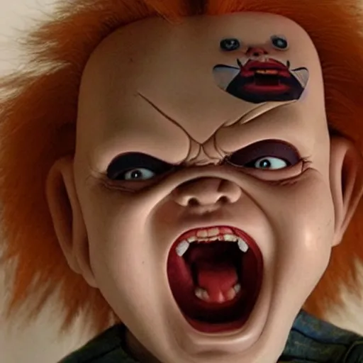 Image similar to chucky doll screaming at george rr martin