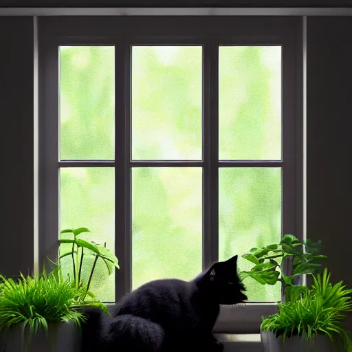 Image similar to peaceful dreamy painting of a content black cat sitting by a window, sunshine coming through the window, small plants on the window sill, 8k, hyper realism, trending on artstation, octane render