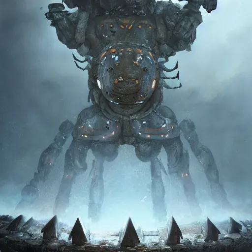 Image similar to giant armored ashigaru beetle war construct golem, glowing gnostic brian froud markings, magic and steam - punk inspired, in an ancient stone circle on a plateau in a blizzard, kanji markings, concept painting by jessica rossier, hr giger, john berkey