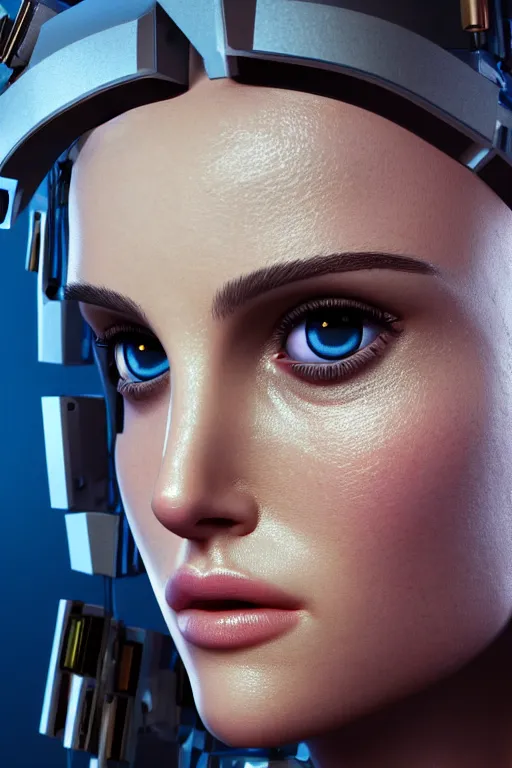 Image similar to close up headshot of Natalie Portman as a female android, intricately detailed mechanical parts, complicated circuits and wires, beautiful gazing symmetric blues eyes, unreal engine, path tracing, 8k, artstation, 3/4 profile