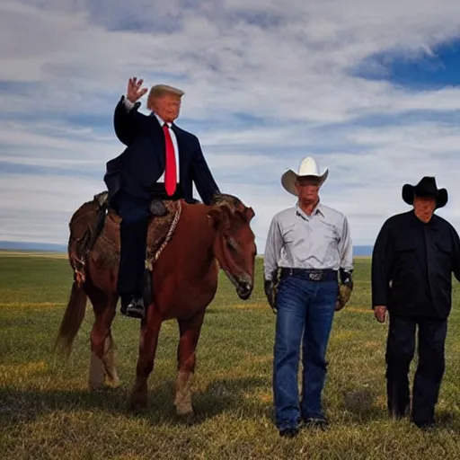 Image similar to “Xi Jinping, Donald Trump and Vladimir Putin wearing cowboy costumes while working on a farm in Montana, under Joe Biden’s command”