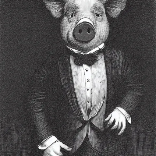 Image similar to a pig in a tuxedo, creepy atmosphere, dark, portrait, realistic, very realistic, illustration by Gustave Doré