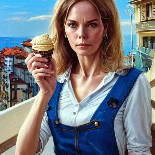 Image similar to a blonde fuller figured middle aged barbara bach from the bond film wearing blue dungarees and eating ice creams in porto, real life skin, intricate, elegant, highly detailed, artstation, concept art, smooth, sharp focus, art by artgerm and greg rutkowski and alphonse mucha