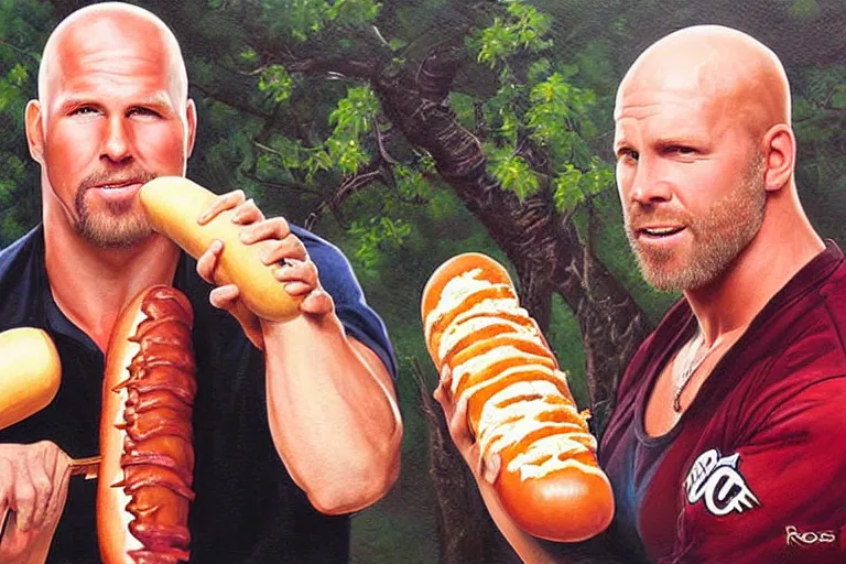 Image similar to portrait of wwf shawn michaels and wwf steve austin sharing hotdogs, an oil painting by ross tran and thomas kincade