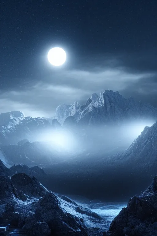 Prompt: a cgi landscape image with a cresent moon and mountains, cinematic matte painting, snowfall, stormy weather, neon lights, extreme detail photo quality, dark moody colors, featured on behance