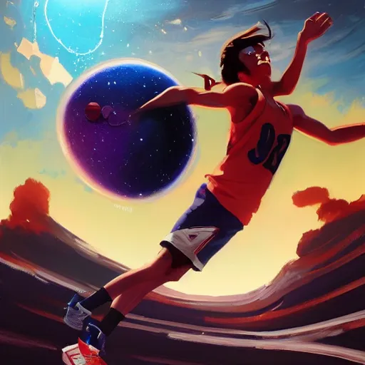 Image similar to a leather basketball as a comet zipping through space, hyper realistic, 8 k, behance hd artstation by jesper ejsing by rhads, makoto shinkai and lois van baarle, ilya kuvshinov, ossdraws