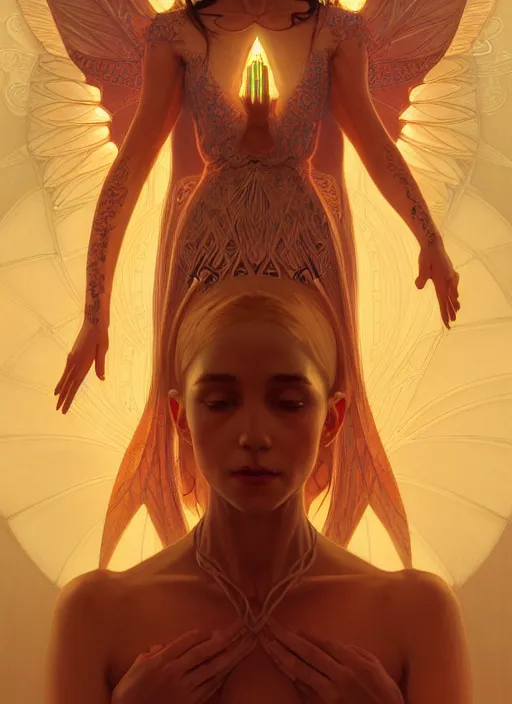 Prompt: symmetry!! demon afraid of angel, glowing lights!! intricate, elegant, good vs evil, highly detailed, digital painting, artstation, concept art, smooth, sharp focus, illustration, art by artgerm and greg rutkowski and alphonse mucha, 8 k