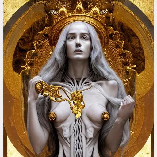 Image similar to portrait of Hecate as a marble statue skeleton, greek mythology, gold crown and filaments, visible fossilized arteries and bones and veins and spine and muscles and nerves, intricate, headshot, highly detailed, digital painting, artstation, concept art, sharp focus, cinematic lighting, illustration, art by artgerm and greg rutkowski, alphonse mucha, cgsociety, chiaroscuro