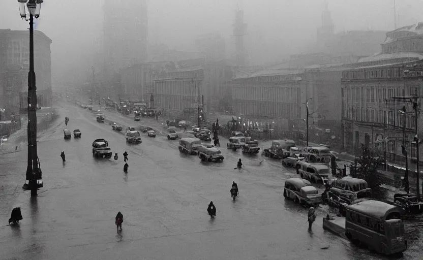 Prompt: 40s historic footage of a sovietic street with pedestrians, aerial view , aerial view Cinestill 800t 18mm, heavy grainy picture, very detailed, high quality, 4k panoramic, billboards and streetlight at night, rain, mud, foggy