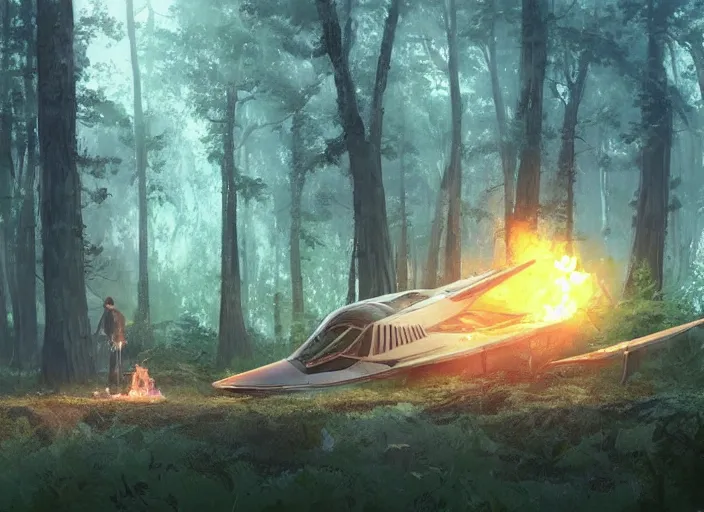 Prompt: a crash-landing sight of a spaceship in a forest on the ground, smoke in the air, debris on ground, smoke and small flame on ship. By Makoto Shinkai, Stanley Artgerm Lau, WLOP, Rossdraws, James Jean, Andrei Riabovitchev, Marc Simonetti, krenz cushart, Sakimichan, trending on ArtStation, digital art.