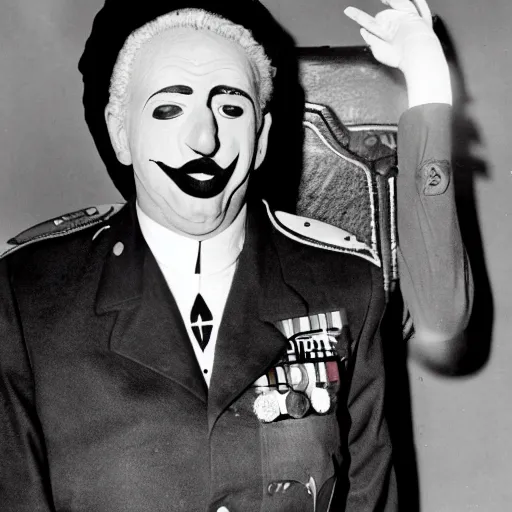 Image similar to old black and white photograph of francisco franco dressed as a clown getting off a spaceship