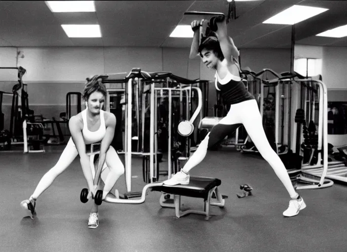 Image similar to Photos from the 80's. A woman is working out in the gym.