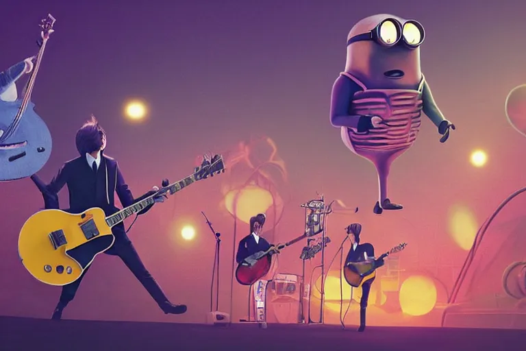 Image similar to the beatles performing with guitars, a giant flying minion at background, sci fi, art by mike winkelmann, trending on cgsociety, retrofuturism, darksynth, sci - fi