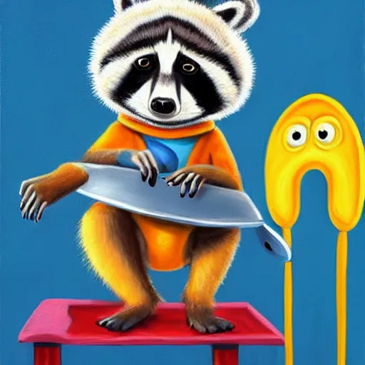 Image similar to painting of an anthropomorphic furry cute baby raccoon astronaut by disney, pixar