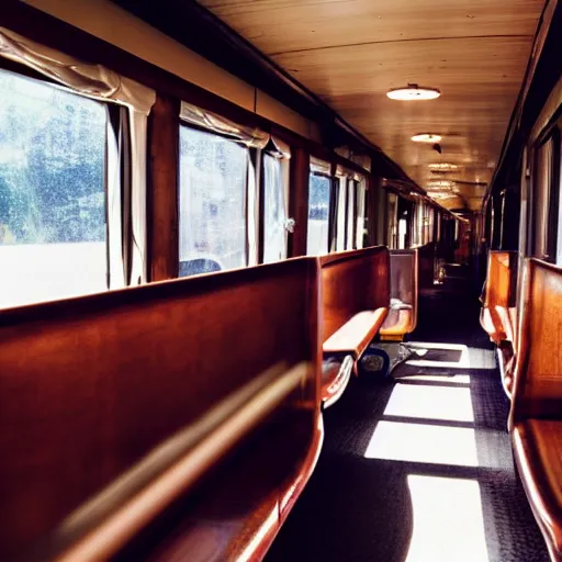 Image similar to photograph of cozy private diner train car, plush chairs, god rays through windows, rich wooden table, potted plants, warm light, wide angle