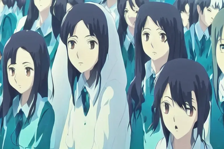 Prompt: pretty!!!! anime women with symmetric!!!! faces looking horrified!!!!! at the viewer, by makoto shinkai, studio ghibli