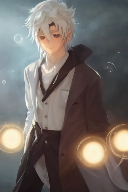 Prompt: anime teen guy with short wavy white hair wearing white formal attire surrounded by light orbs, moody, wlop, concept art, digital painting, trending on artstation, highly detailed, epic composition, 8 k uhd