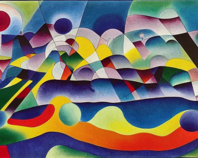 Image similar to A wild, insane, modernist landscape painting. Wild energy patterns rippling in all directions. Curves, organic, zig-zags. Saturated color. Mountains. Clouds. Rushing water. Waves. Sci-fi dream world. Kandinsky. Yves Tanguy. Paul Klee.