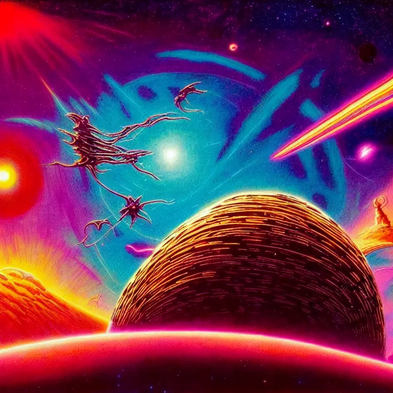 Prompt: edge of interstellar space, synthwave, bright neon colors, highly detailed, cinematic, tim white, philippe druillet, roger dean, ernst haeckel, lisa frank, michael whelan, kubrick, kimura, isono