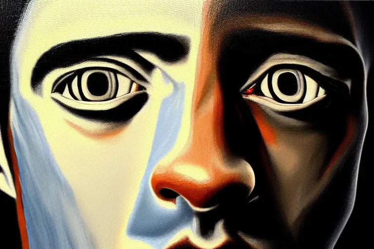 Image similar to frank the ai painter self portrait, detailed eyes, photorealistic