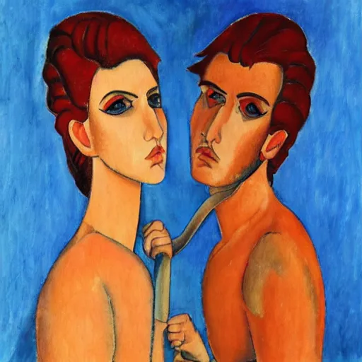 Prompt: double dragon in the style of Modigliani