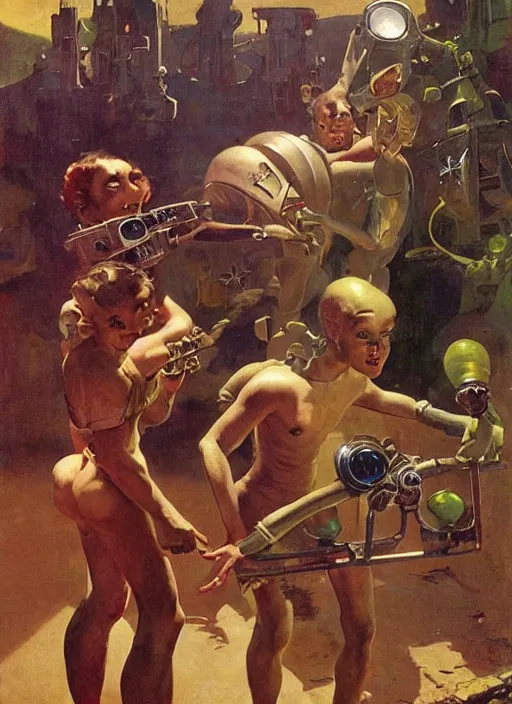 Prompt: 5 0 s pulp scifi fantasy illustration venusian alien in village on venus, by norman rockwell, roberto ferri, daniel gerhartz, edd cartier, jack kirby, howard v brown, ruan jia, tom lovell, frank r paul, jacob collins, dean cornwell, astounding stories, amazing, fantasy, other worlds