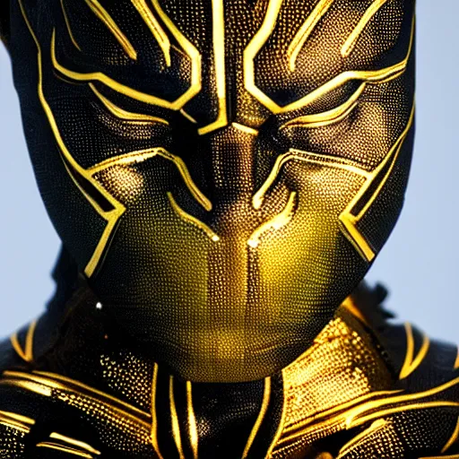 Image similar to a close up photo of a detailed golden statue of Black Panther, 8K,