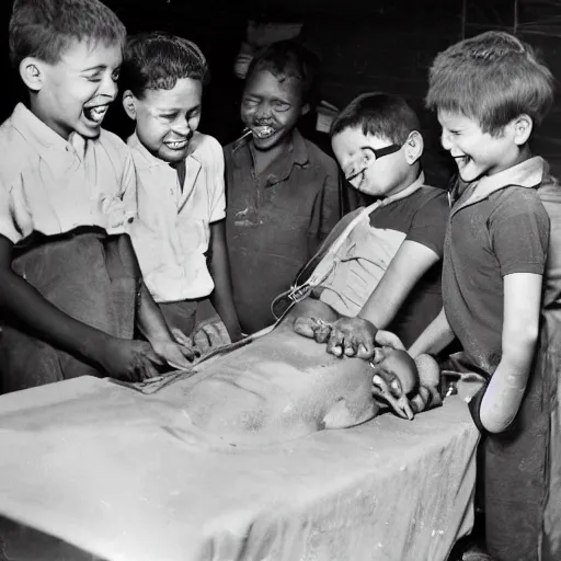 Prompt: A group of children laughing while performing open heart surgery, photograph